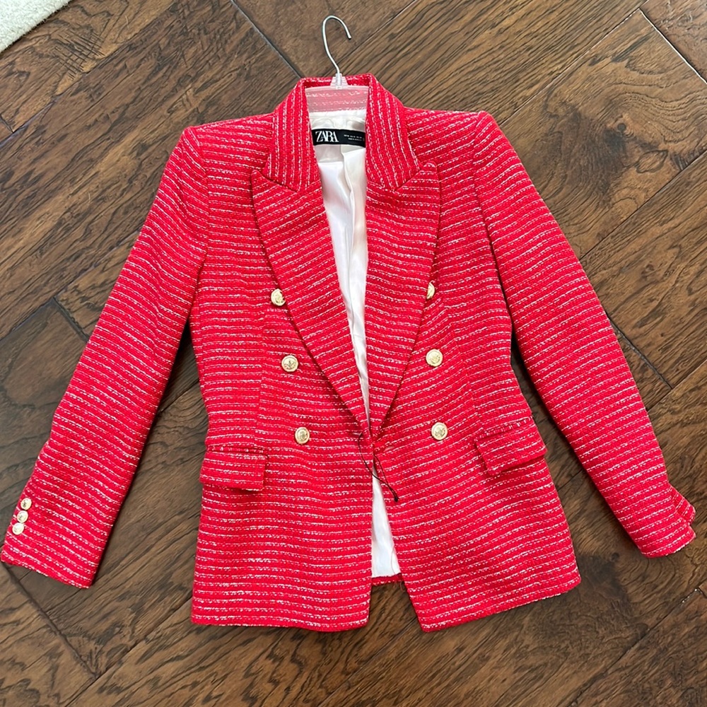Zara red tweed blazer
